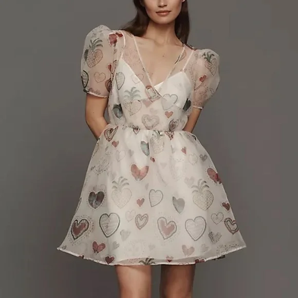 Farm Rio size medium dress semi sheer hearts puff sleeve pineapple mini party - Picture 1 of 12